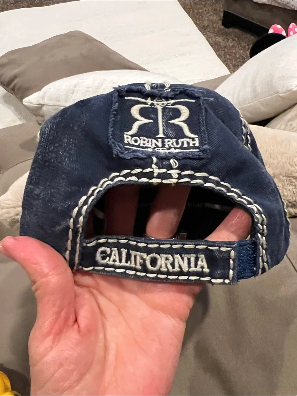 Robin Ruth Distressed Navy Baseball Cap with White Stitching - Picture 3 of 3